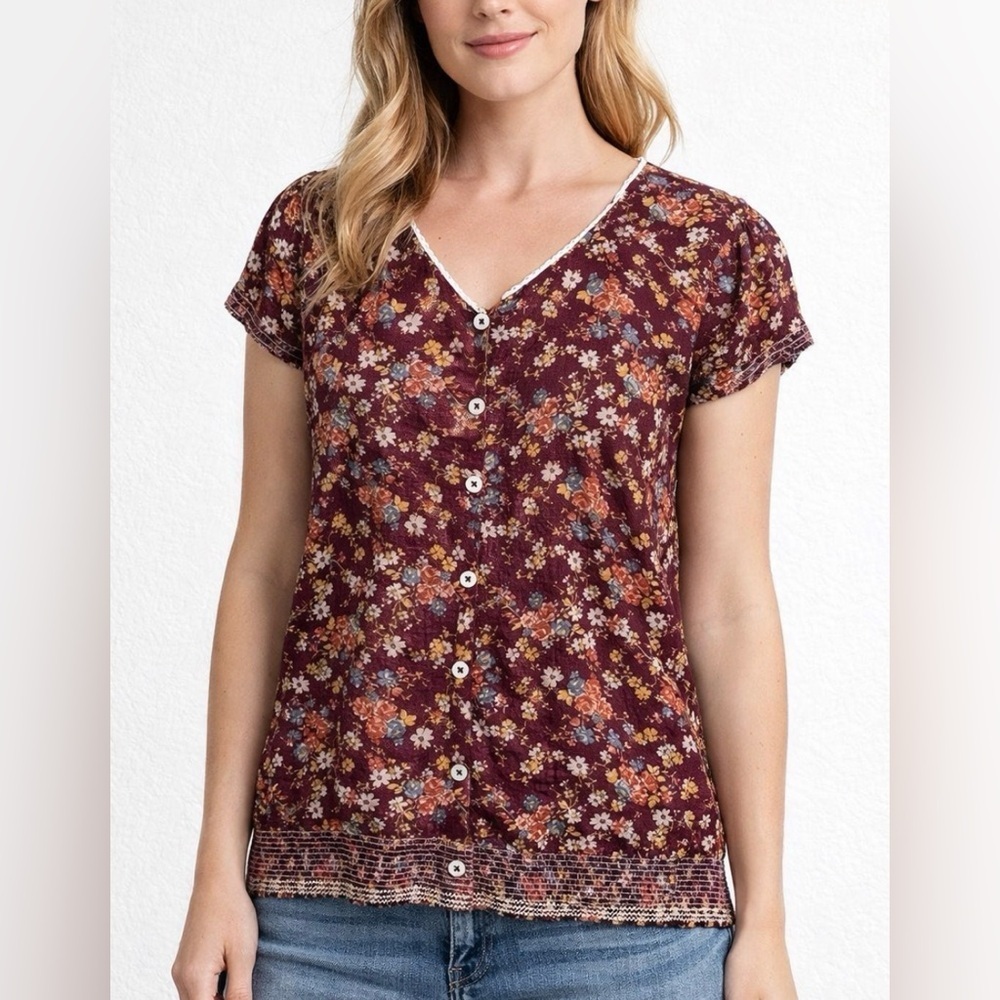 Lee Cooper Cottagecore Maroon Floral Short Sleeve Cotton Button Front V Neck Top